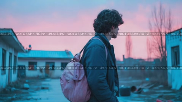 Boy with Backpack in Gloomy Setting. Стоковое AI-видео, аниматор Данила Большаков / Фотобанк Лори
