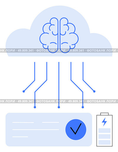 Brain embedded in cloud connected through digital lines to components including a check mark and battery. Ideal for AI, cloud computing, tech innovation, data processing, machine learning, neural. Cloud-Based Artificial Intelligence Concept with Brain, Check Mark, and Battery. Стоковая иллюстрация, агентство Ingram Publishing / Фотобанк Лори
