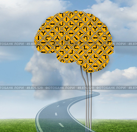 Brain functioning with a group of confusing yellow road signs in the shape of a human brain on a summer sky with clouds shaped as a head as a mental health concept. Стоковое фото, агентство Ingram Publishing / Фотобанк Лори
