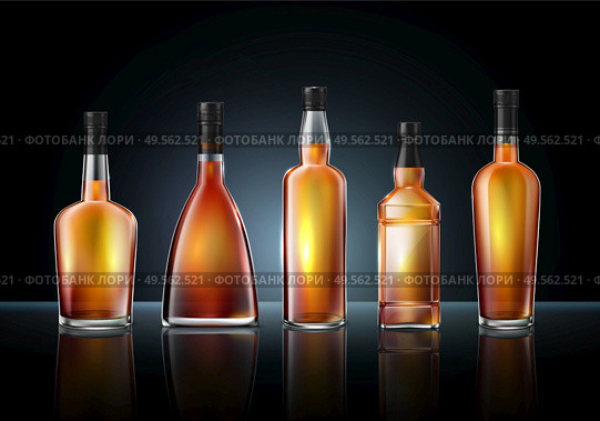 Brandy cognac whiskey glass bottles composition of realistic images various shapes on glossy surface with reflections vector illustration. Стоковая иллюстрация, агентство Ingram Publishing / Фотобанк Лори