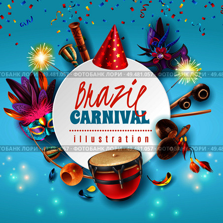 Brasil carnaval celebration festive accessories round frame with sparkling lights party hats masks musical instruments vector illustration . Brazil Carnaval Frame . Стоковая иллюстрация, агентство Ingram Publishing / Фотобанк Лори