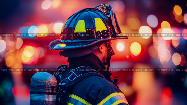 Brave Firefighter in Action: A Symbol of Courage and Service at Night. Стоковое AI-изображение, AI-художник Данила Большаков / Фотобанк Лори