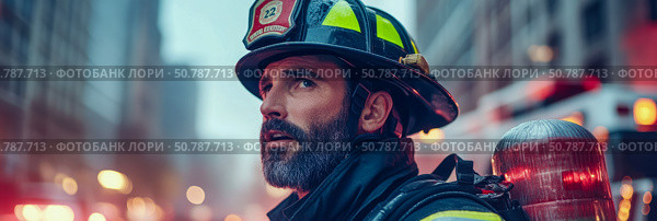 Brave Firefighter in City Emergency,Close-up Portrait of a First Responder in Action. Стоковое AI-изображение, AI-художник Данила Большаков / Фотобанк Лори