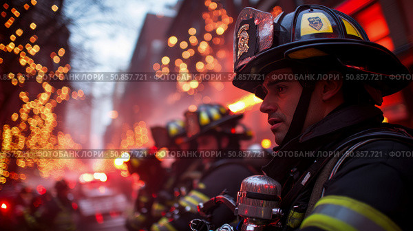 Brave firefighter portrait in a holiday season, facing danger with courage and determination, for print, card, poster. Стоковое AI-изображение, AI-художник Данила Большаков / Фотобанк Лори