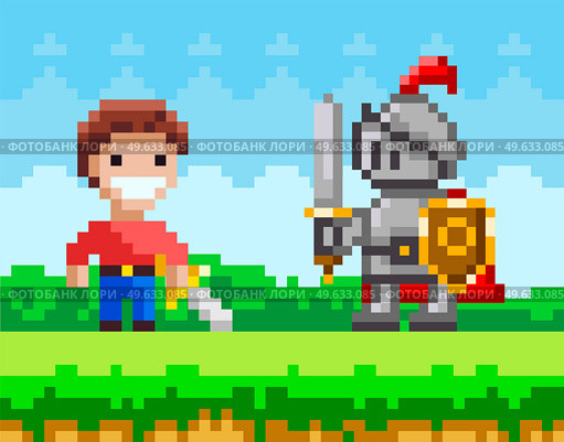 Brave man with steel sword fighting against pixel knight. Enemy attacks human. Meadow and nature landscape pixelated video-game scene. Pixel-game 8 bit retro. Soldier personage defeats adversary. Brave man with sword fighting against pixel knight. Enemy attacks human. Meadow and nature landscape. Стоковая иллюстрация, агентство Ingram Publishing / Фотобанк Лори