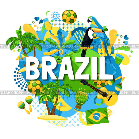 Brazil Carnival Poster. Colorful poster with native symbols of brazil mixed together on the white background vector illustration. Стоковая иллюстрация, агентство Ingram Publishing / Фотобанк Лори