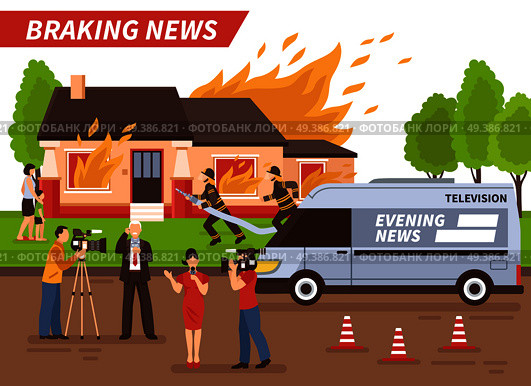 Breaking news of different tv channels live reportage from scene of firefighting of residential house vector illustration. Breaking News Illustration. Стоковая иллюстрация, агентство Ingram Publishing / Фотобанк Лори