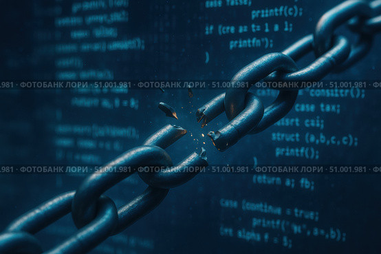 Breaking the Chain: A Visual Representation of Cybersecurity Vulnerabilities and Data Integrity Risks in Digital Systems. Стоковое AI-изображение, AI-художник Башкирова Анна / Фотобанк Лори