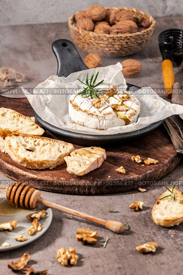 Brie type of cheese. Camembert cheese. Fresh sliced Brie cheese on a wooden tray with nuts, honey and leaves. Italian, French cheese. Стоковое фото, агентство Ingram Publishing / Фотобанк Лори