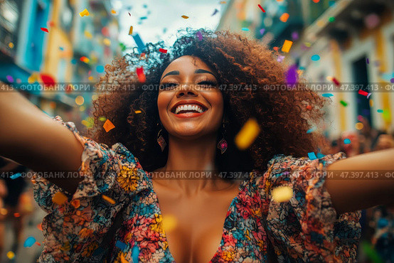 Bright Celebration in a Colorful Street Festival With Joyful Participant Enjoying Vibrant Confetti. Стоковое AI-изображение, AI-художник Юлия Гапеенко / Фотобанк Лори