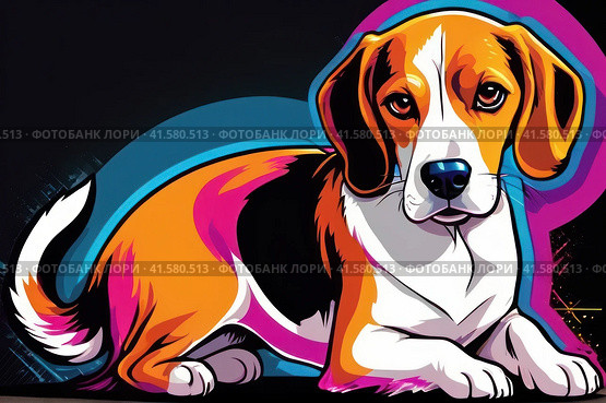 Bright drawing of a dog, beagle, on a T-shirt on a dark background. Satirical, pop art style, vibrant colors, iconic characters, action-packed, suitable for mascot or logo or reproduce on canvas. AI. Стоковое AI-изображение, AI-художник Sergey Grishin / Фотобанк Лори