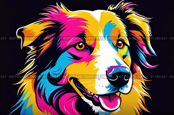 Bright drawing of a dog, collie, on a T-shirt on a dark background. Satirical, pop art style, vibrant colors, iconic characters, action-packed, suitable for mascot or logo or reproduce on canvas. AI. Стоковое AI-изображение, AI-художник Sergey Grishin / Фотобанк Лори