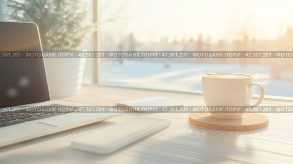 Bright morning workspace with coffee cup and laptop near winter window light in cozy room. Стоковое AI-изображение, AI-художник Сергей Толмачёв / Фотобанк Лори