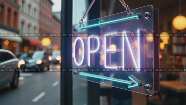 Bright neon Open sign with blue neon arrows. Sign changes color on door or window of store, restaurant, club or cafe in evening and at night. Catering establishment on popular city street. Стоковое AI-видео, аниматор Ирина / Фотобанк Лори