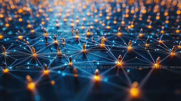 Bright nodes interconnected by glowing lines illustrate a dynamic digital network of information exchange in a futuristic setting. Стоковое AI-изображение, AI-художник Данила Большаков / Фотобанк Лори