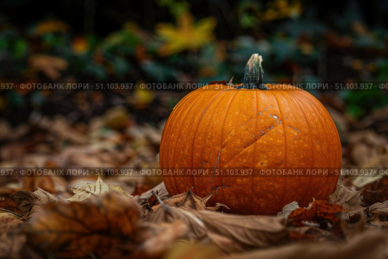 Bright orange pumpkin sitting on fallen autumn leaves. Стоковое AI-изображение, AI-художник Иван Рябоконь / Фотобанк Лори