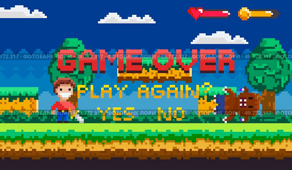 Bright pixel art design with Game Over text, character, forest background, and options to play again or quit. Ideal for video games, nostalgia, pixel art, retro design, and game development themes. Game Over Screen in Retro Pixel Art Style with Character and Forest Background. Стоковая иллюстрация, агентство Ingram Publishing / Фотобанк Лори
