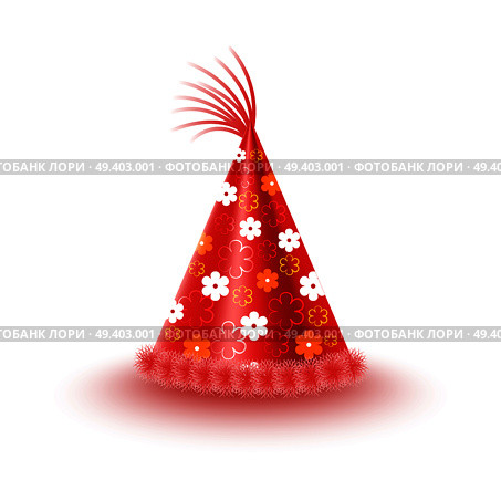 Bright red festive cap with flowers and tassel isolated on white background. Funny party accessory vector illustration. Holiday headgear for festive mood and having fun. Dress up for celebration.. Festive Cap With Flowers Isolated Illustration. Стоковая иллюстрация, агентство Ingram Publishing / Фотобанк Лори