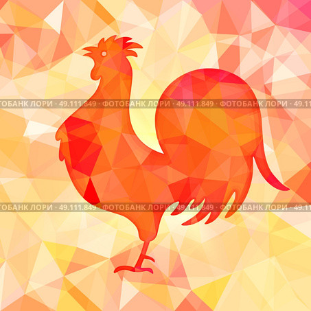 Bright red polygon illustration of a rooster. Happy Chinese New Year cards. Perfect for decoration designs festive banners, postcards, posters. Vector illustration. Стоковая иллюстрация, агентство Ingram Publishing / Фотобанк Лори
