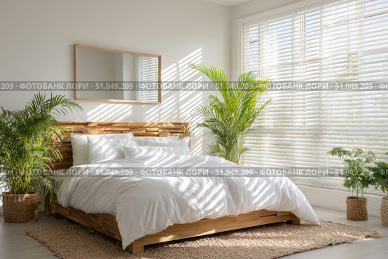 Bright white bedroom with a wooden headboard, a mirror, plants. Window has blinds. Clean tidy. Bed is dressed in crisp, white linen sheets. Scandinavian home interior design of modern minimalist room. Стоковое AI-изображение, AI-художник Марина Демидюк / Фотобанк Лори