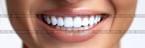 Bright white smile showcases healthy teeth and gums in clean backdrop. Яркая белоснежная улыбка демонстрирует здоровые зубы и десны на чистом фоне. Стоковое AI-изображение, AI-художник Katsiaryna Repich / Фотобанк Лори