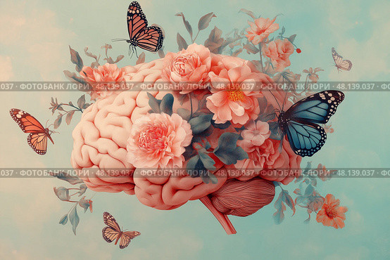 Brightly colored brain surrounded by flowers and butterflies in artistic display. Ярко раскрашенный мозг в окружении цветов и бабочек в художественной экспозиции. Стоковое AI-изображение, AI-художник Katsiaryna Repich / Фотобанк Лори