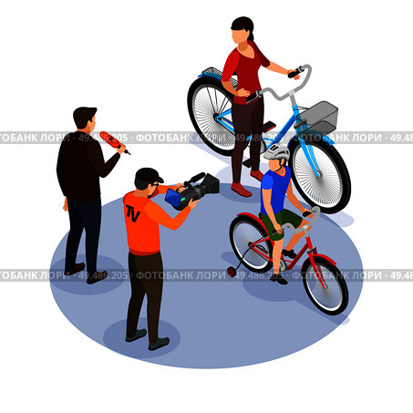 Broadcasting isometric design concept with cameraman and commentator asking questions to passers on street vector illustration. Стоковая иллюстрация, агентство Ingram Publishing / Фотобанк Лори