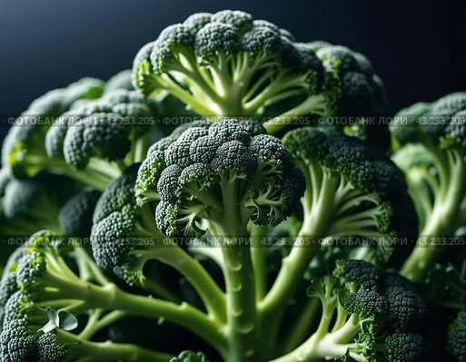 Broccoli Brassica oleracea italica is an edible green plant in cabbage family Brassicaceae, genus Brassica, whose large flowering head, stalk and leaves are eaten as a vegetable. Generated AI. Стоковое AI-изображение, AI-художник Юлия Петровская / Фотобанк Лори