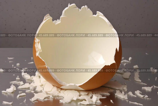 Broken eggshell with scattered pieces on metallic surface. Стоковое AI-изображение, AI-художник Иван Рябоконь / Фотобанк Лори
