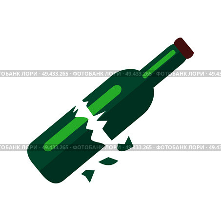 Broken in two pieces dark green blue glass bottle of beer with long neck, purple lid and some shards isolated vector illustration on white background. Broken Bottle of Beer Isolated Illustration. Стоковая иллюстрация, агентство Ingram Publishing / Фотобанк Лори