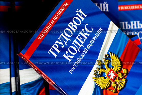 Брошюра с Трудовым кодексом Российской Федерации лежит на столе в офисе сотрудника отдела кадров (2023 год). Редакционное фото, фотограф Николай Винокуров / Фотобанк Лори