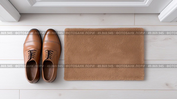 Brown dress shoes placed next to a soft doormat inside a hallway. Стоковое AI-изображение, AI-художник Katsiaryna Repich / Фотобанк Лори