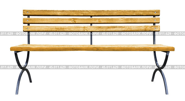 Brown wooden bench with a backrest and a curved  metal legs, isolated on white background (design element) Стоковое фото, фотограф Михаил Строгалев / Фотобанк Лори