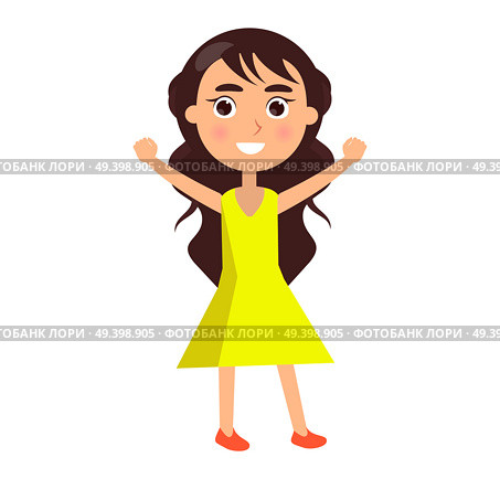 Brunette girl in yellow dress greets with happy childrens day isolated on white background. Smiling cartoon character wishes happy international holiday for kids. Brunette Girl Greets Happy Childrens Day Vector. Стоковая иллюстрация, агентство Ingram Publishing / Фотобанк Лори
