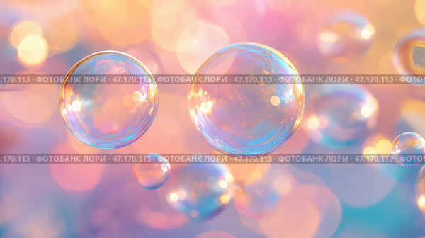 Bubbles suspended in soft light with a pastel background creating a dreamlike atmosphere. Прозрачные желтые мыльные пузыри нежно висят в воздухе, отражая яркие цвета на мягком, пастельном фоне, вызывая чувство причудливости и безмятежности. Стоковое AI-изображение, AI-художник Katsiaryna Repich / Фотобанк Лори