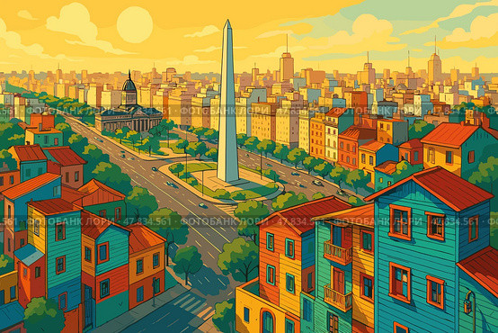 Buenos Aires cityscape with Obelisk and colorful La Boca neighborhood. Стоковое AI-изображение, AI-художник Максим Гребешков / Фотобанк Лори