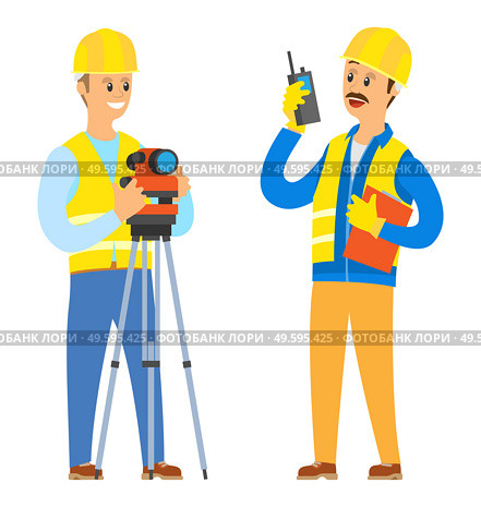 Builder with walkie talkie vector, male wearing helmet and special clothes talking to colleagues, man commanding and giving tasks assignments set. Male with Camera, Architecture Creators Builders. Стоковая иллюстрация, агентство Ingram Publishing / Фотобанк Лори