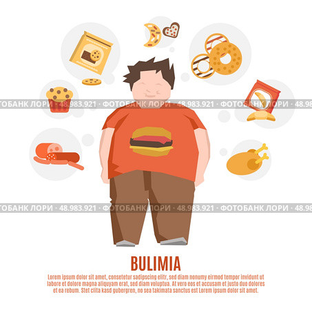 Bulimia support group concept with fat young man and unhealthy food flat vector illustration. Bulimia Concept Flat. Стоковая иллюстрация, агентство Ingram Publishing / Фотобанк Лори