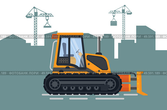 Bulldozer near development of skyscraper and jenny. Construction equipment and building view, excavator and town development, shadow of city vector. Construction of City, Build and Bulldozer Vector. Стоковая иллюстрация, агентство Ingram Publishing / Фотобанк Лори