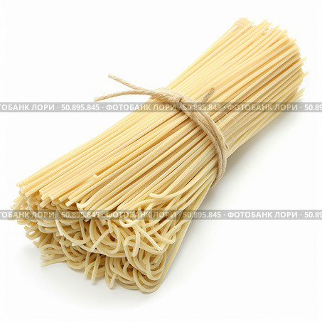 Bunch of dried spaghetti tied with string on white background. Стоковое AI-изображение, AI-художник Иван Рябоконь / Фотобанк Лори