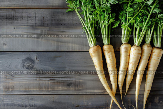 Bunch of fresh parsnips lying on rustic wooden table. Стоковое AI-изображение, AI-художник Иван Рябоконь / Фотобанк Лори