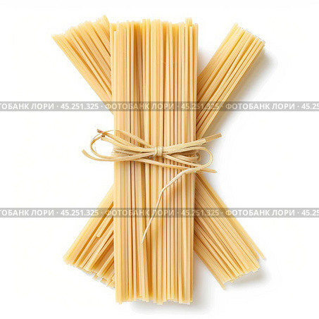 Bundles of uncooked pasta tied with raffia on white background. Стоковое AI-изображение, AI-художник Иван Рябоконь / Фотобанк Лори