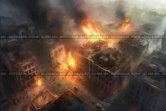 Burning city after airstrike attack. Generate ai. Стоковое AI-изображение, AI-художник Иван Рябоконь / Фотобанк Лори
