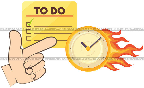 Burning clock and to do list deadline concept with pointing hand. Few minutes left until end of term. Clock shows remaining time to deal with deadlines. Watch with arrows burning on fire. Lack of time. Burning clock and to do list deadline concept with pointing hand. Few minutes left until end of term. Стоковая иллюстрация, агентство Ingram Publishing / Фотобанк Лори