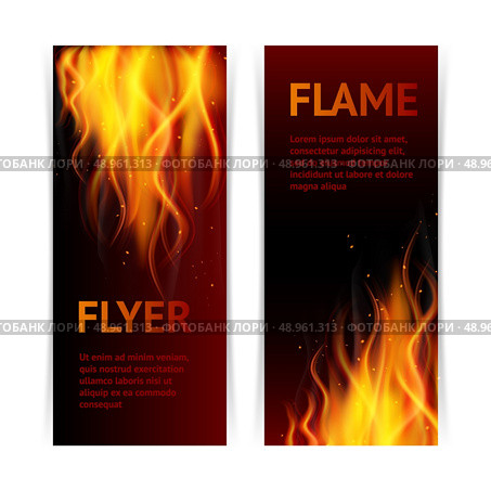 Burning hot flame campfire strokes realistic fire on dark background vertical banners set isolated vector illustration. Стоковая иллюстрация, агентство Ingram Publishing / Фотобанк Лори