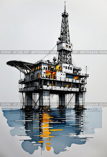 Буровая платформа для бурения скважин в море. Добыча нефти и газа на морском шельфе. Эскиз. Акварель. Drilling platform for drilling wells in the sea. Oil and gas production on the sea shelf. Sketch. Watercolor. Стоковое AI-изображение, AI-художник Гер Олег / Фотобанк Лори