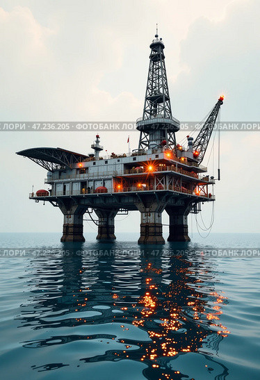 Буровая платформа для бурения скважин в море. Добыча нефти и газа на морском шельфе. Drilling platform for drilling wells in the sea. Oil and gas production on the sea shelf. Стоковое AI-изображение, AI-художник Гер Олег / Фотобанк Лори