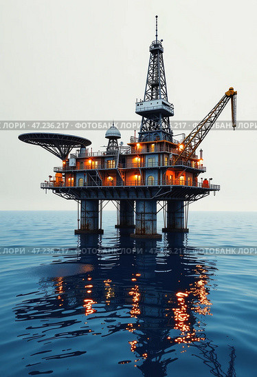 Буровая платформа для бурения скважин в море. Добыча нефти и газа на морском шельфе. Drilling platform for drilling wells in the sea. Oil and gas production on the sea shelf. Стоковое AI-изображение, AI-художник Гер Олег / Фотобанк Лори