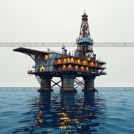 Буровая платформа для бурения скважин в море. Добыча нефти и газа на морском шельфе. Drilling platform for drilling wells in the sea. Oil and gas production on the sea shelf. Стоковое AI-изображение, AI-художник Гер Олег / Фотобанк Лори