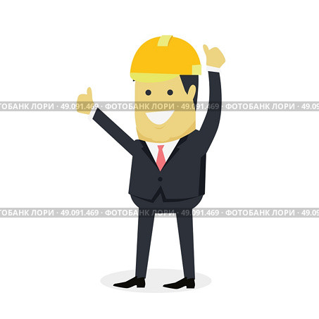 Businesman Show Gesture Thumb Up. Businesman show gesture thumb up. Young successful investor man in helmet do business hand gesture shows good job isolated on white background. Approval of praise and agreement. Vector illustration. Стоковая иллюстрация, агентство Ingram Publishing / Фотобанк Лори